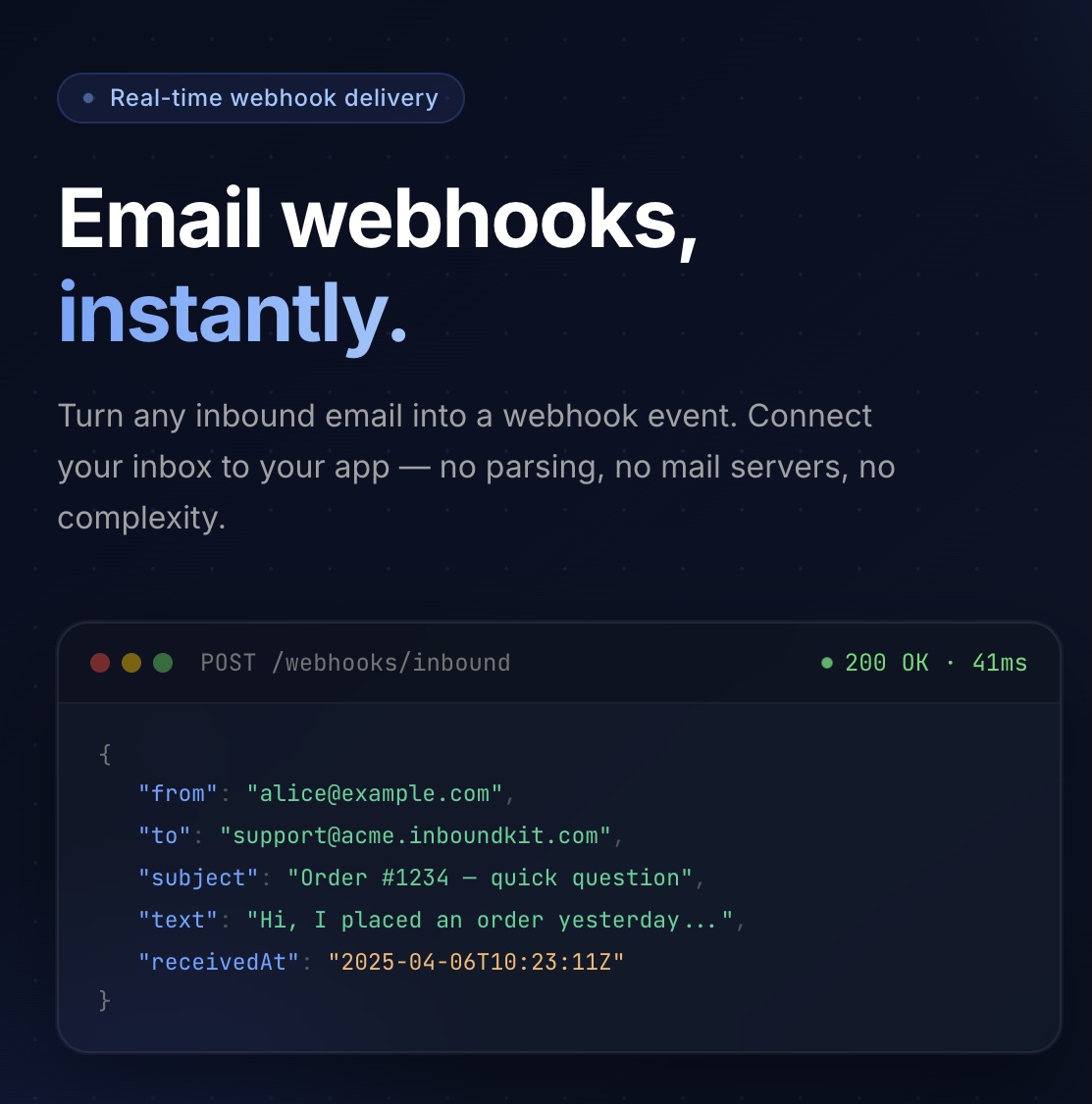 InboundKit homepage — Email in, Webhooks out. Converts inbound email into structured JSON webhook events.
