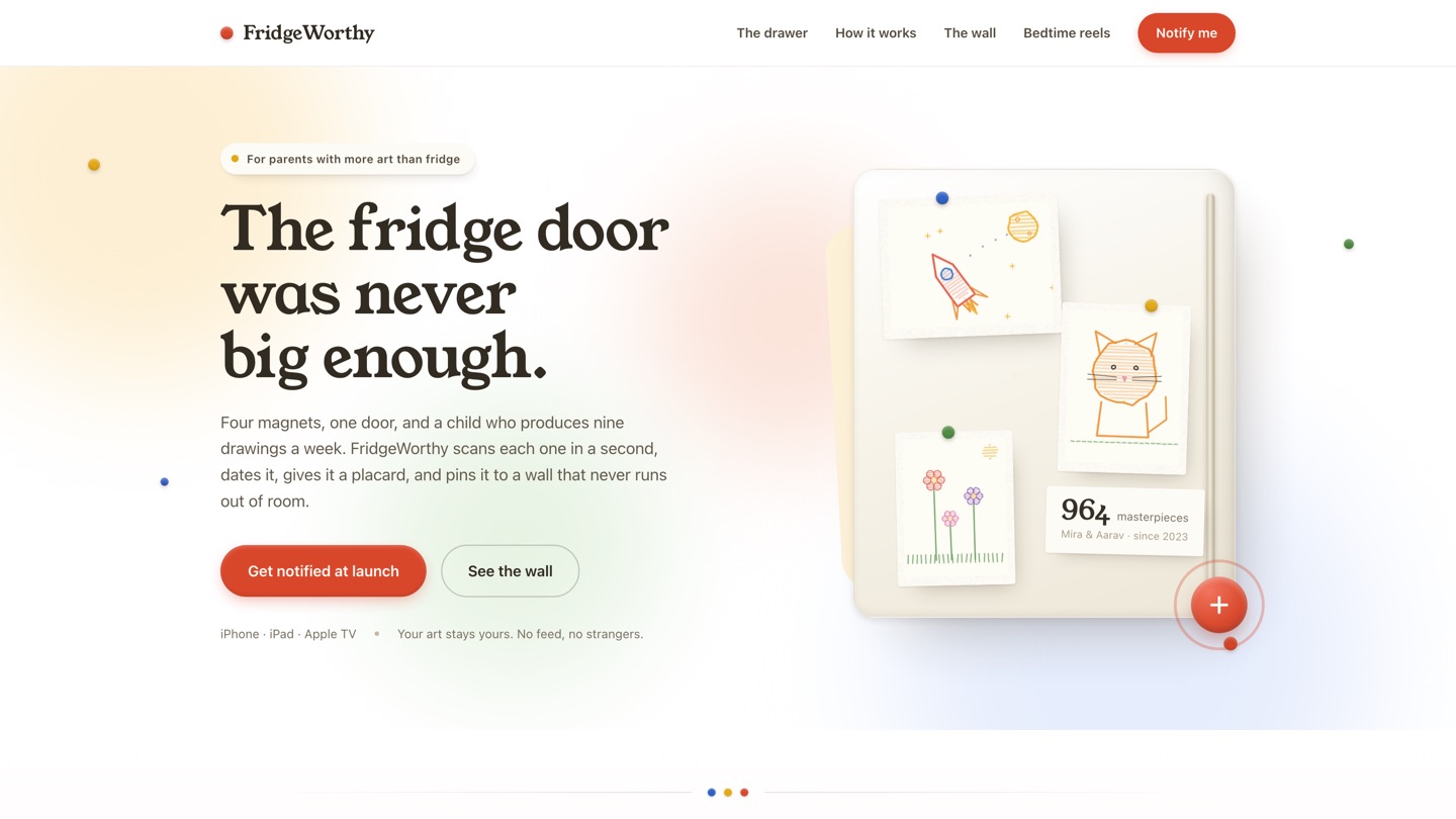 FridgeWorthy homepage — The fridge door was never big enough — showing children's drawings pinned to a digital fridge wall.